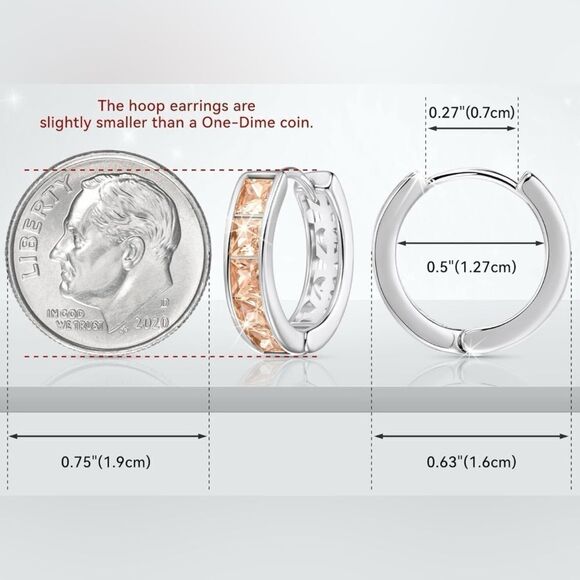 14K White Gold with Peach Morganite Cubic Zirconia Princess Cut Huggie Earrings - Picture 3 of 5